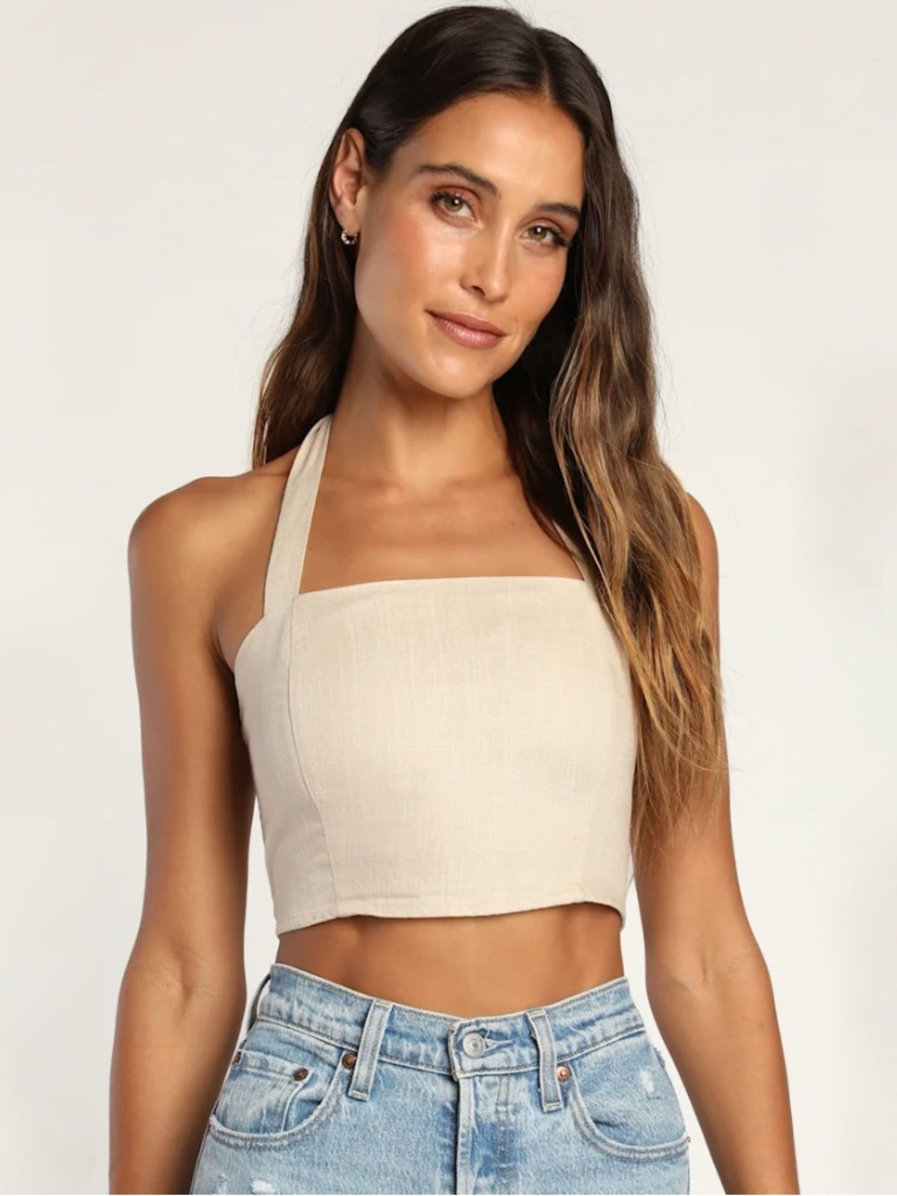 Lulus Double Digits Linen Halter Crop Top in Beige